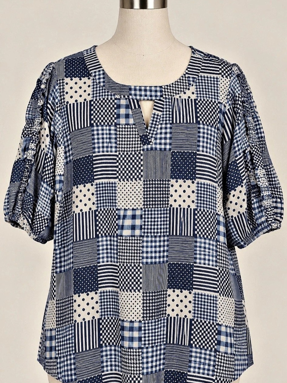 CURE XL Blue White Patchwork Blouse Ruffle Ruched Sleeve Keyhole Top